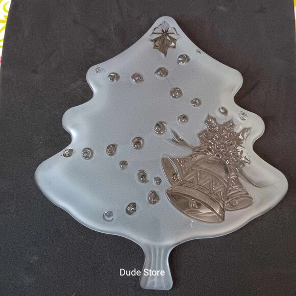 Celebrations - Christmas Tree Dish Plate Bowl Holly Bells Frosted Glass - 7.5" - Picture 2 of 4